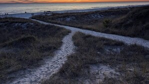 A coastal path leading to the beach with a sunset in the background.
