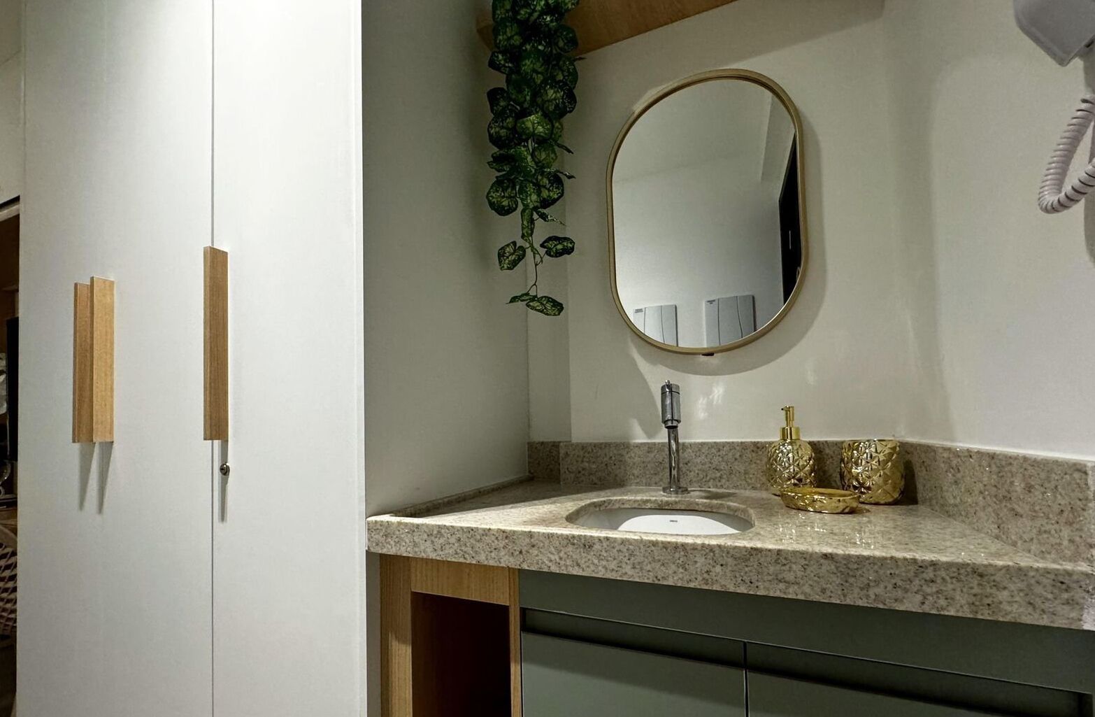 A bathroom with a sink, mirror, and a plant.