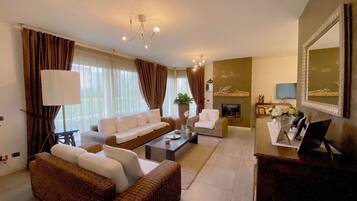 Smart TV, chimenea y libros