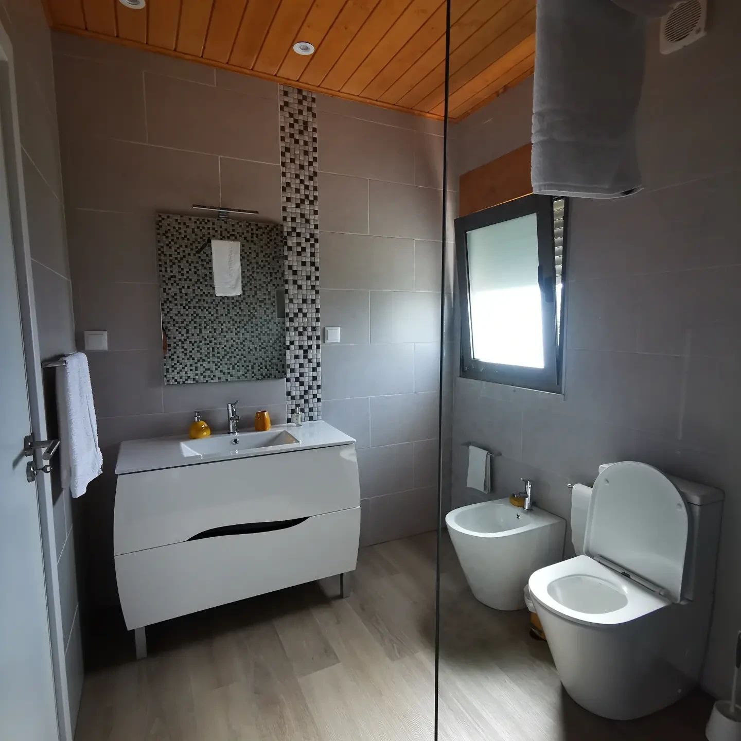 Hair dryer, bidet, towels, toilet paper