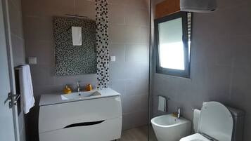 Hair dryer, bidet, towels, toilet paper