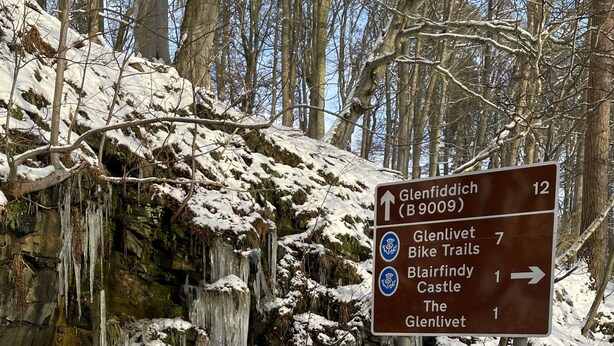 Un panneau indicateur dans une forêt enneigée, avec des glaçons pendants des arbres.