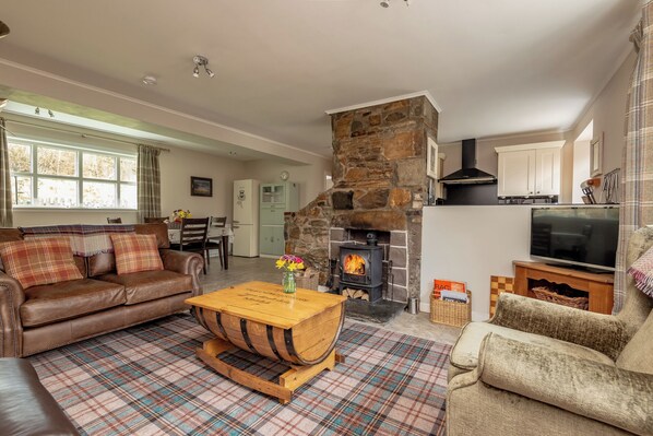 Ein gemütliches Wohnzimmer mit Kamin aus Stein, einem Fernseher und einem Essbereich mit Tisch und Stühlen.