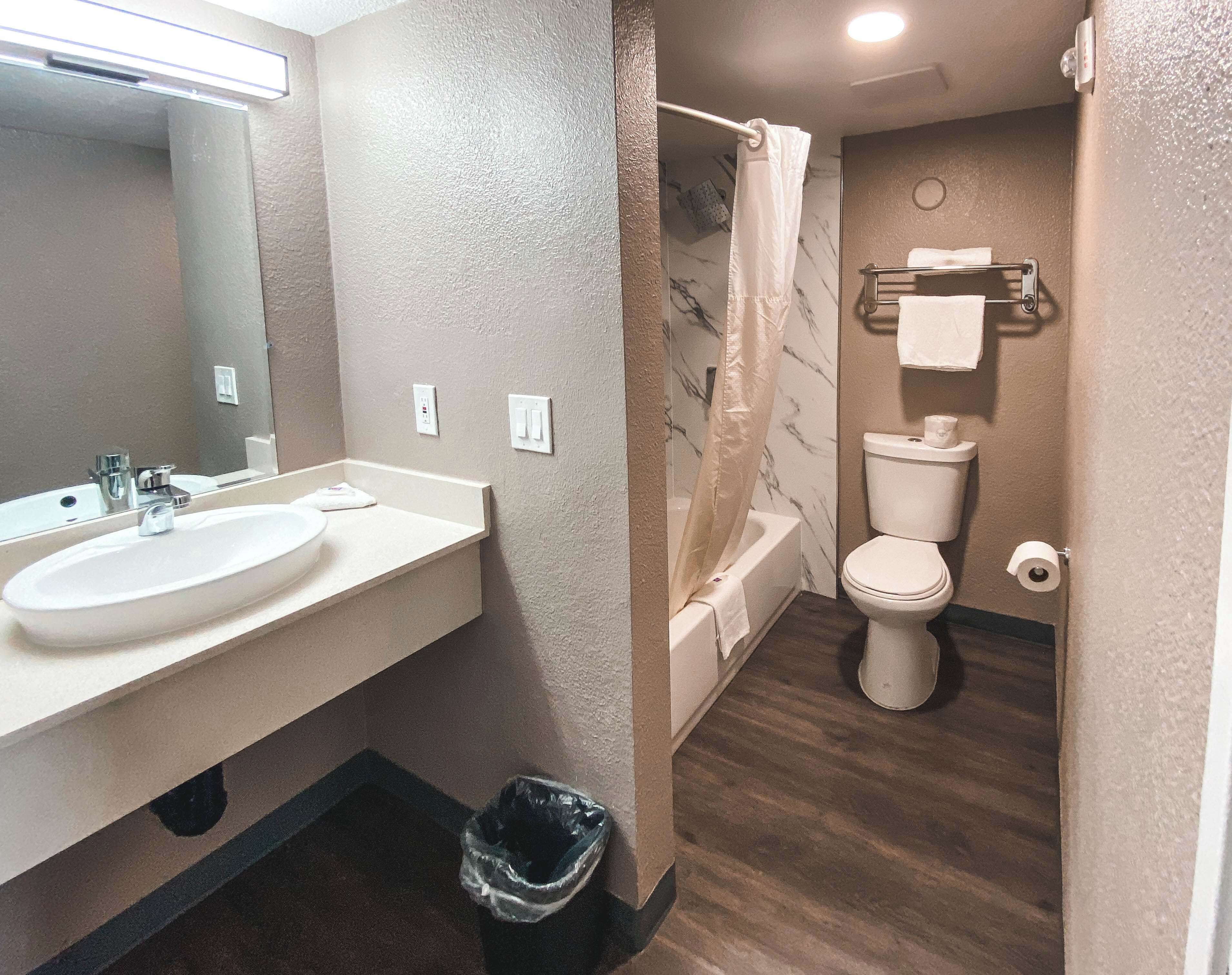 A bathroom with a white sink, mirror, and toilet. There is a shower curtain and a trash can.