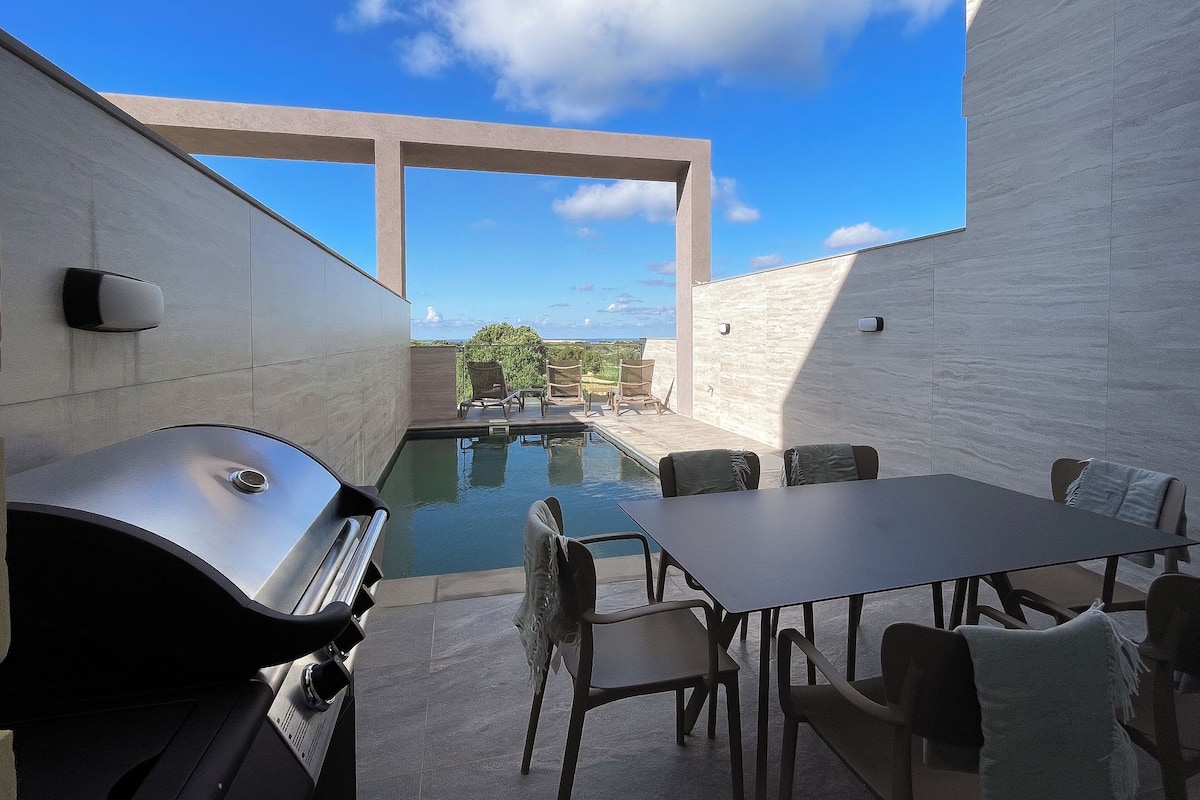 Eine moderne Außenpatio mit Pool, Grillplatz und Sitzgelegenheit.