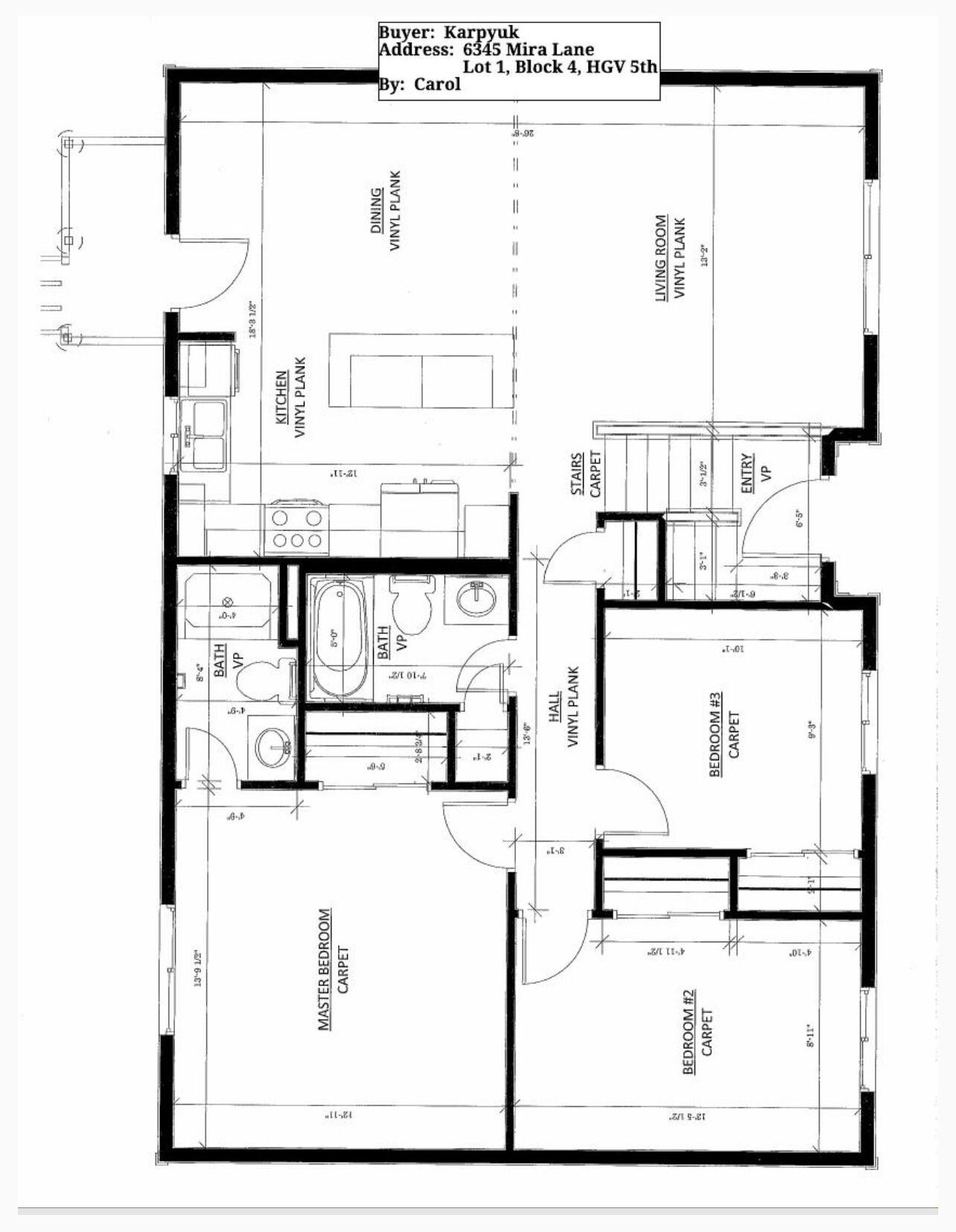 A floor plan of a house with a kitchen, dining area, master bedroom, two bedrooms, a bathroom, and a hall.