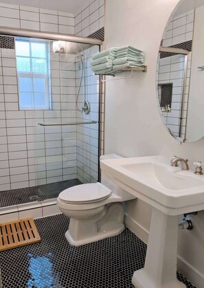 Douche, sèche-cheveux, shampoing