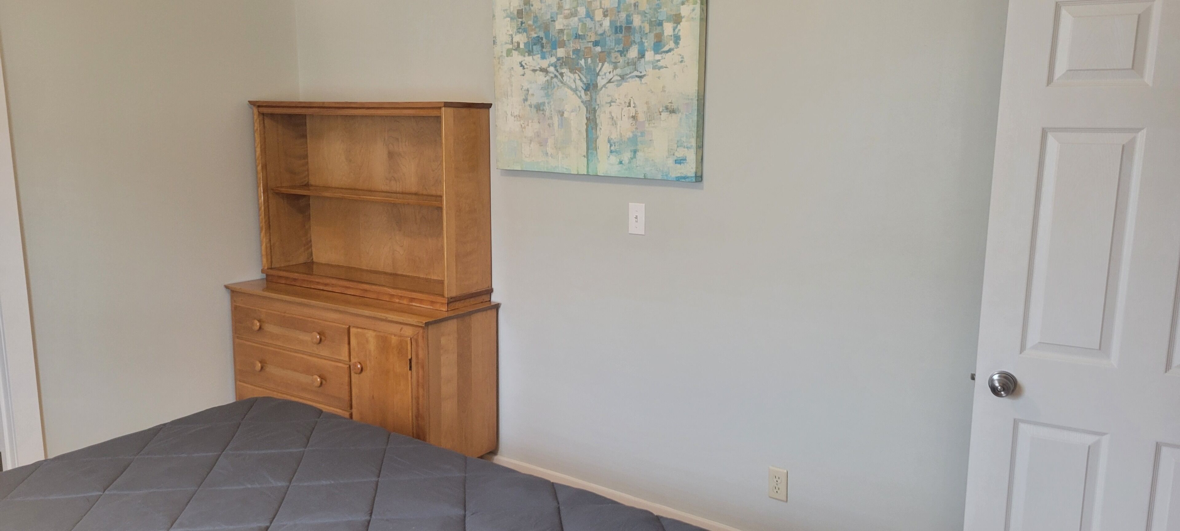Un dormitorio con una cama, un aparador de madera y una puerta.