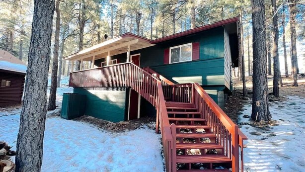 A cabin with a wooden staircase leading to a porch, surrounded by trees and covered in snow.