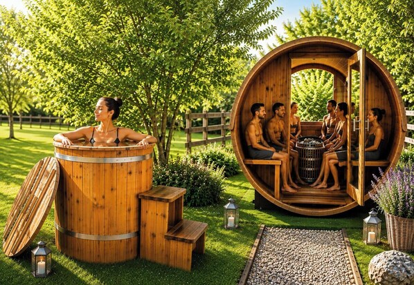 A wooden sauna structure with benches and a person relaxing in a separate wooden tub. - Sleeps 14, Stunning, Dog Friendly, Hot Tub, Rural (Fiddington)