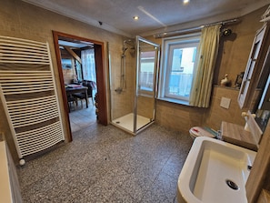 Hair dryer, towels, soap, toilet paper