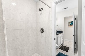 Hair dryer, towels, soap, toilet paper