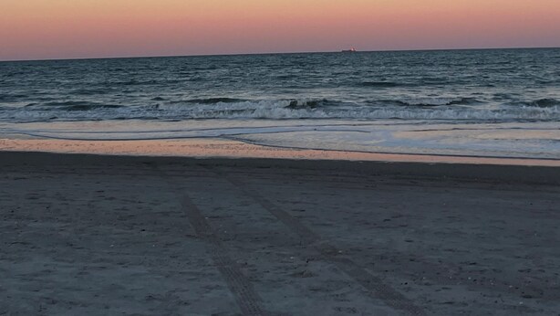 Escena de playa con cielo despejado, luna visible y olas oceánicas tranquilas.