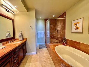Shower, hair dryer, towels, soap - Large, Modern, Solar Powered 3-bedroom condo in Mauna Kea with endless sunsets (Kamuela)