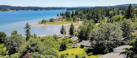 A residential area with houses, a lake, and a forested hill in the background.