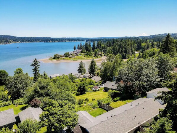 A residential area with houses, a lake, and a forested hill in the background.