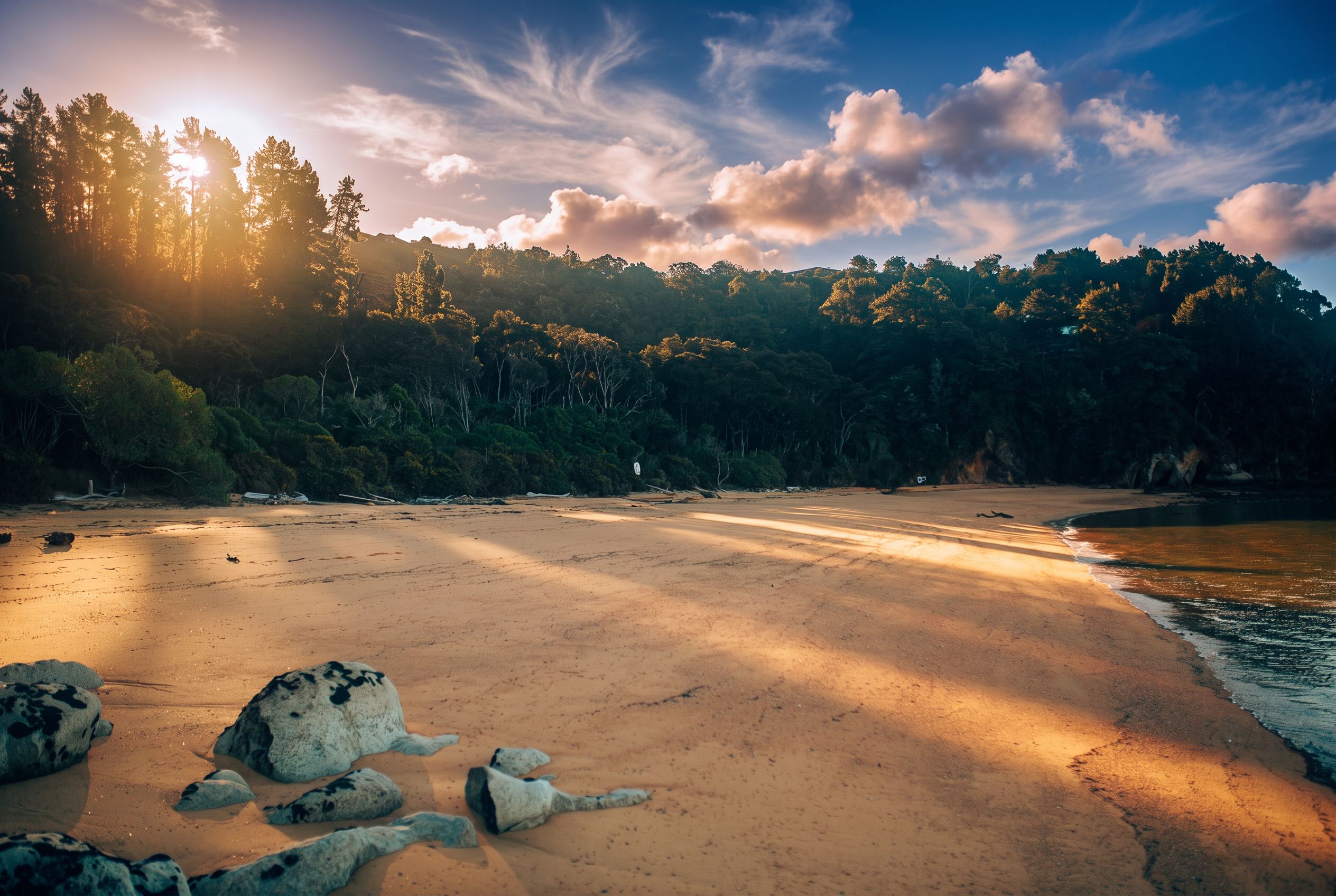 Una playa con una colina boscosa al fondo, cielo despejado y el sol poniéndose o saliendo.