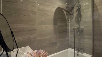 Hair dryer, bidet, towels, soap