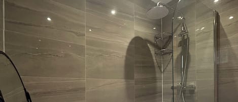 Hair dryer, bidet, towels, soap