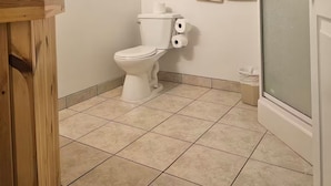 Une salle de bain avec des toilettes, un meuble en bois et une porte de douche.