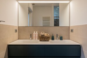 Shower, hair dryer, towels