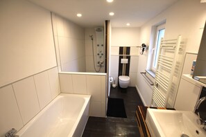 Ducha, secador de pelo, toallas, jabón