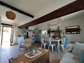 Smart TV, fireplace, books, video library