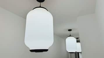 A modern interior with pendant lighting fixtures.