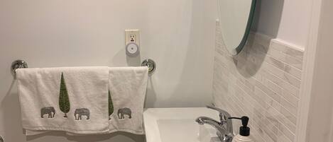 Hair dryer, towels, soap, toilet paper