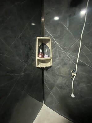 Hair dryer, towels, soap, shampoo