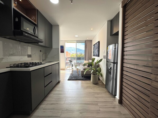Deluxe studio, 1 slaapkamer, balkon, uitzicht op stad | Privékeuken | Een koelkast/vriezer, een magnetron, een kookplaat, een vaatwasser