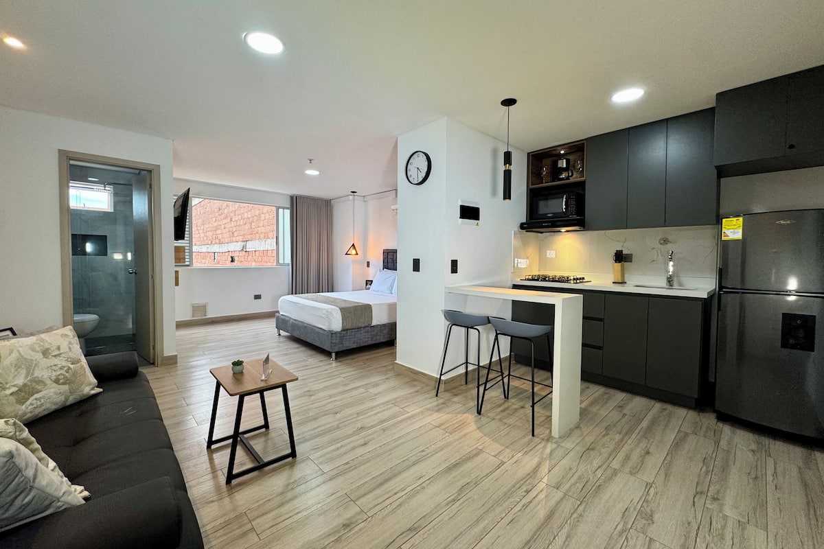 Estúdio luxo, 1 quarto, ar-condicionado | Cozinha privada | Geladeira grande, micro-ondas, cooktop, lava-louças