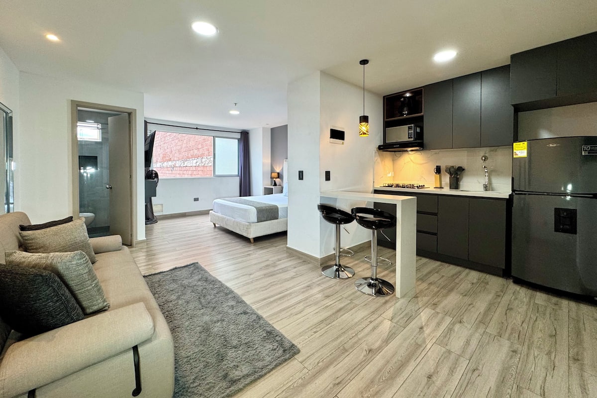 Estudio Deluxe, 1 habitación | Cocina privada | Frigorífico grande, microondas, placa de cocina y lavavajillas