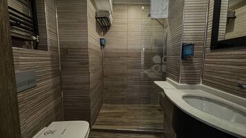 Shower, rainfall showerhead, eco-friendly toiletries, hair dryer