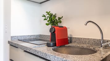 A kitchen with a granite countertop, a sink, a red towel dispenser, and a potted plant.
