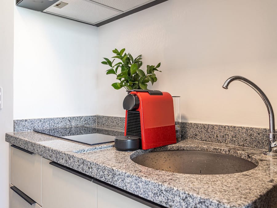 A kitchen with a granite countertop, a sink, a red towel dispenser, and a potted plant.