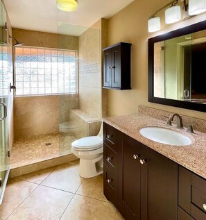 Hair dryer, towels, soap, toilet paper