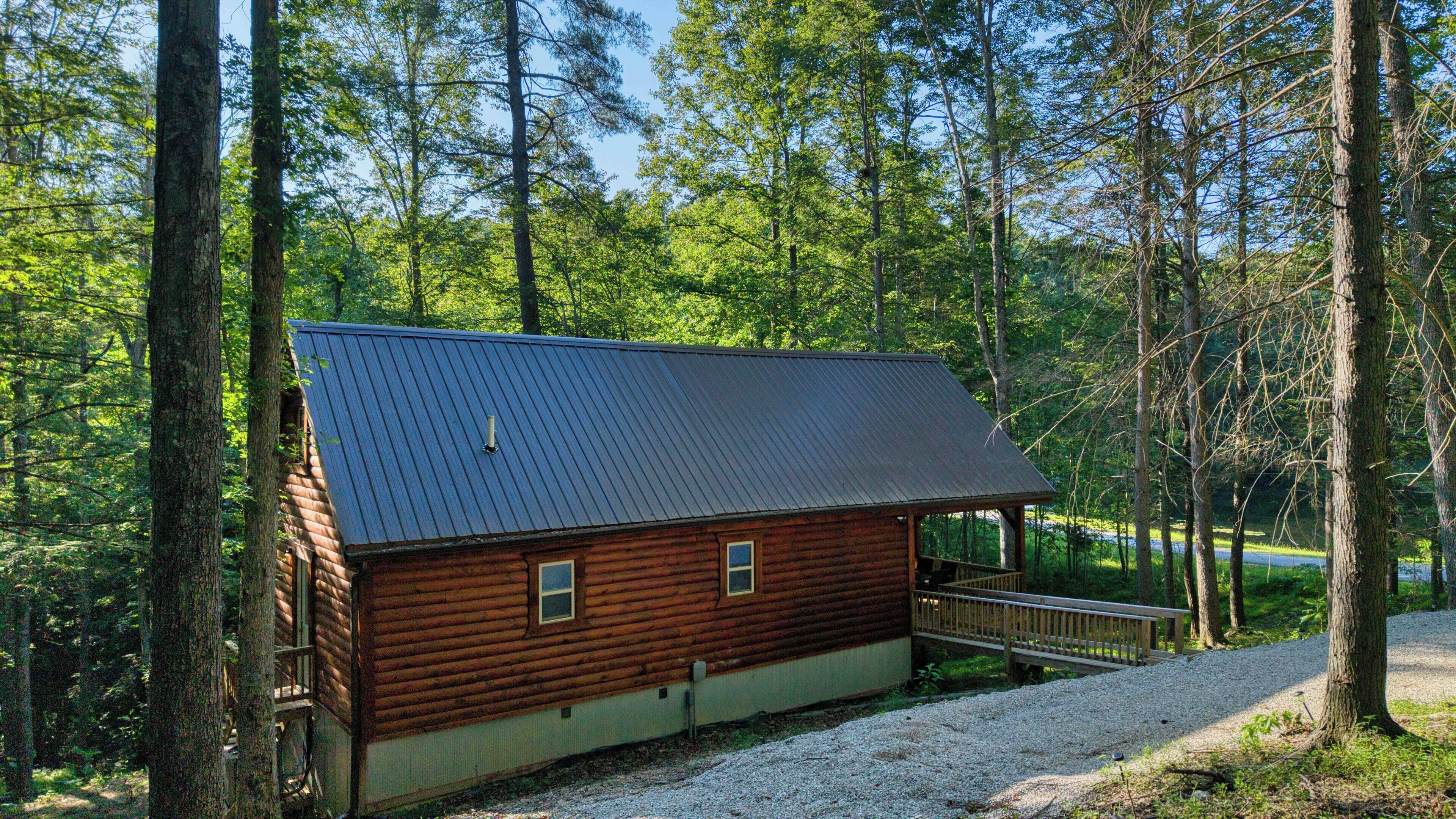 A log cabin with a metal roof, surrounded by tall trees.