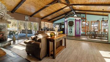 Smart TV, fireplace, video games, table football