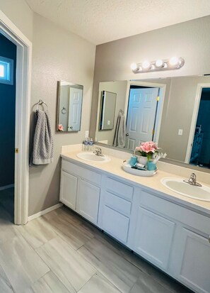 Hair dryer, towels, soap, toilet paper