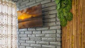 Una habitación con pared de ladrillo, televisor montado, control remoto sobre un taburete y una planta.