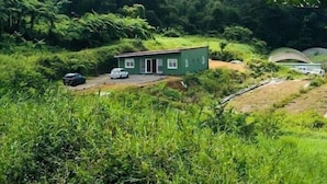A small house with a green roof, surrounded by lush greenery and a mountain in the background. - Roucou room in the heart of nature, view of Mont Pelée (Le Morne Rouge)