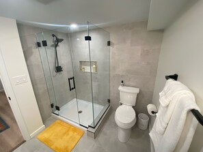 Shower, hair dryer, towels, soap