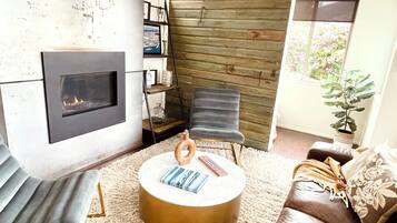 Smart TV, lareira, livros