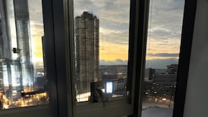 Een kamer met uitzicht op een stadsgezicht, een raam met zicht op hoge gebouwen en een stuk trainingsapparatuur met de aanduiding 'AeroPilates'.