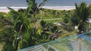 Uitzicht op het strand vanaf een balkon, met palmbomen en een heldere lucht.