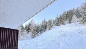 Une pièce avec vue sur un paysage enneigé et des arbres.