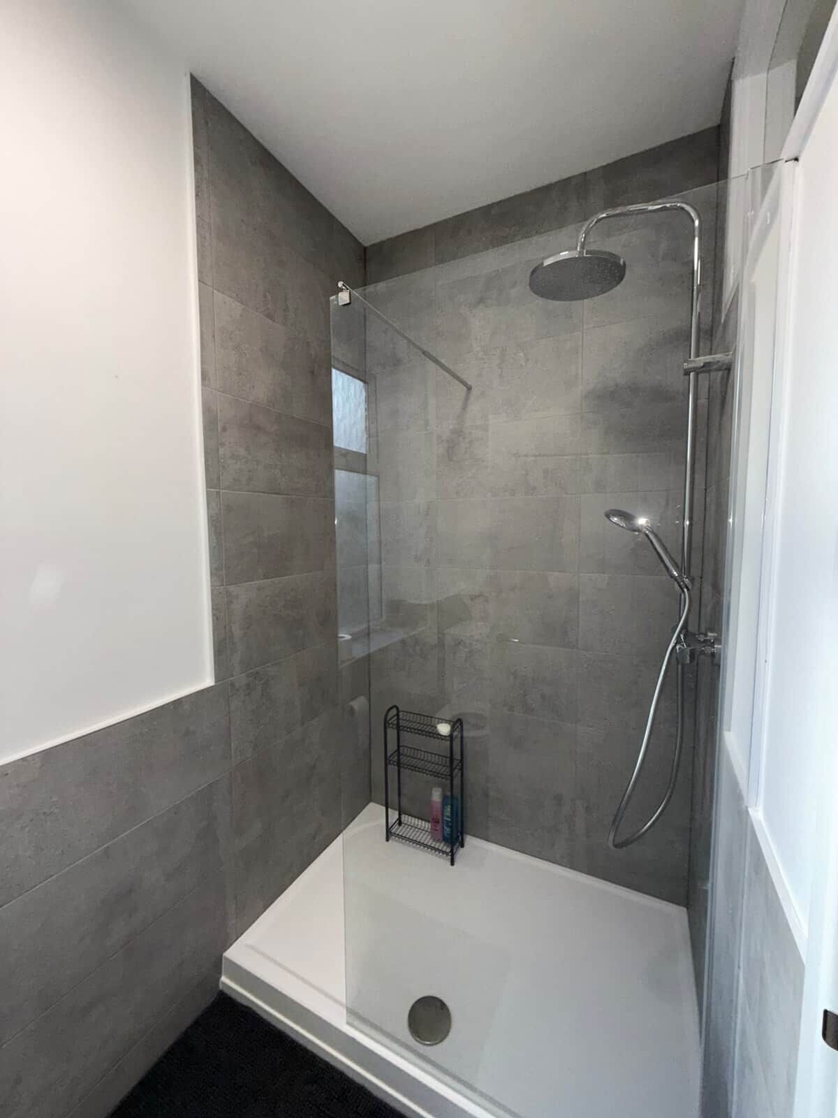 Shower, hair dryer, soap, toilet paper
