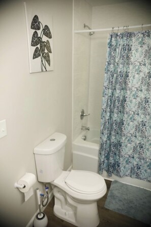 Shower, hair dryer, towels, shampoo