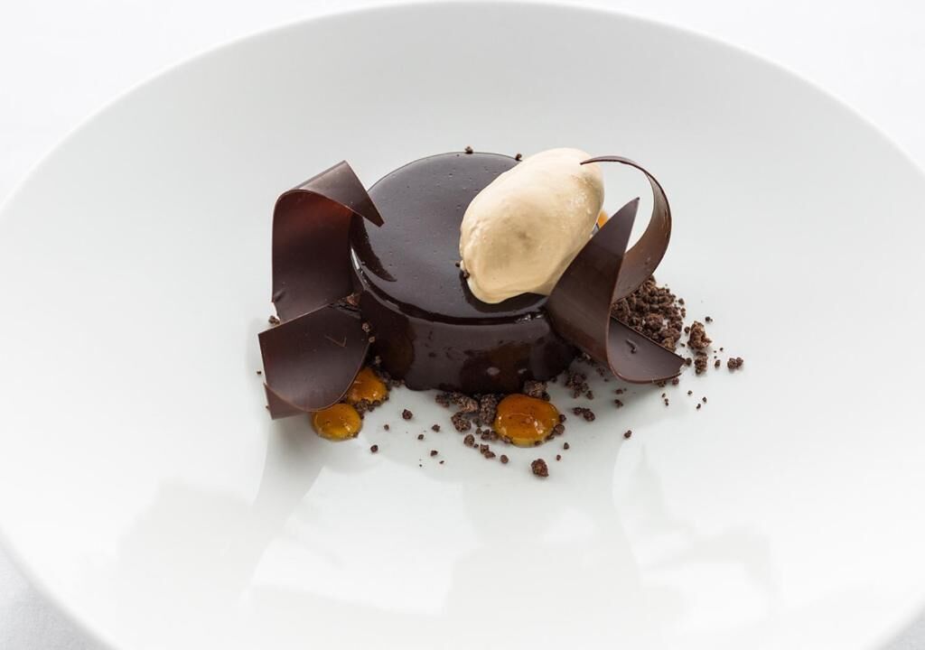 A dessert on a white plate.